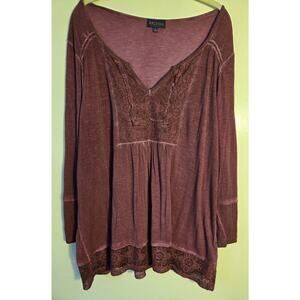 Artesia L Blouse Top Embroidered Lagenlook Yarn Dye Burgandy V Neck Long Sleeve